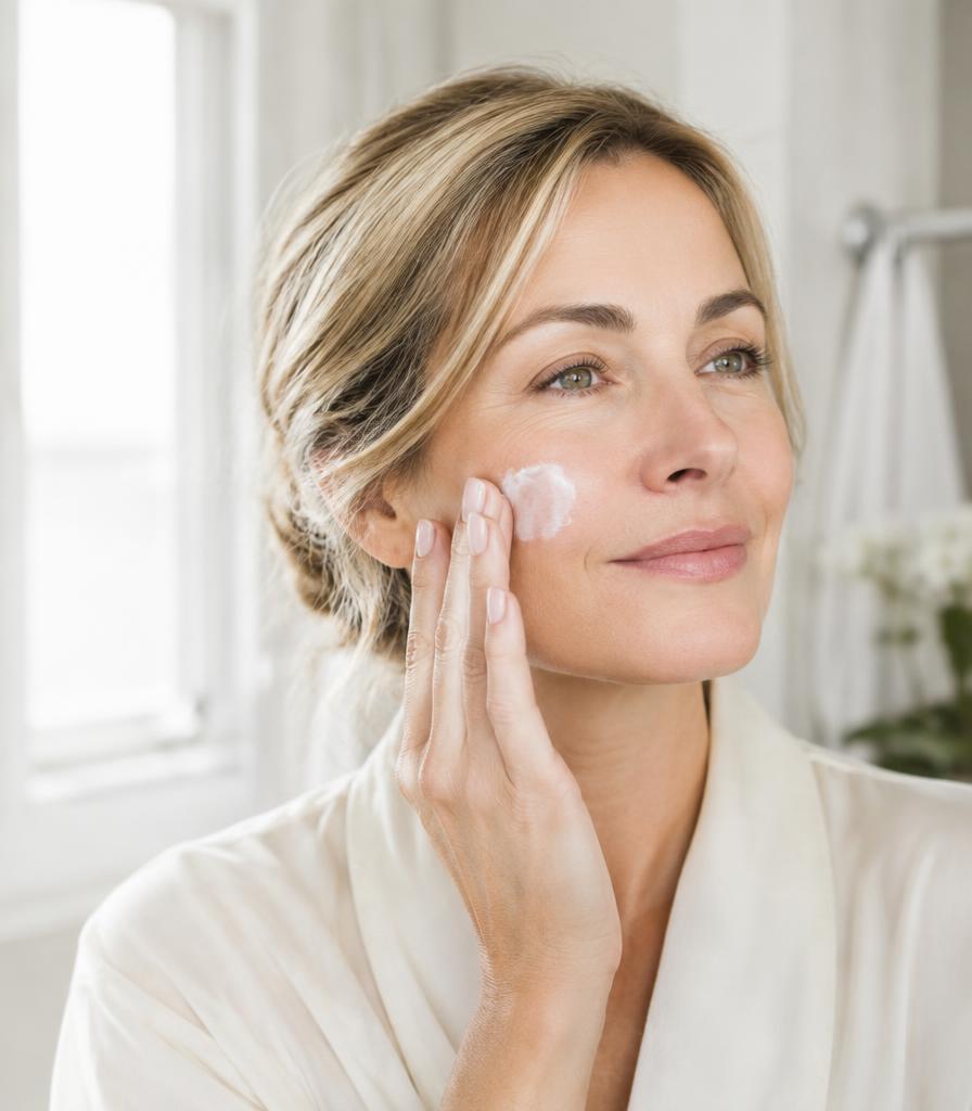 Woman applying cream to her cheek